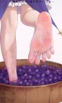  1girl artist_name bare_legs barefoot barrel commentary dated dress feet food foot_focus fruit grape_stomping grapes highres lower_body original pixiv_id purple_dress qizhu shiny_skin simple_background soles solo standing standing_on_one_leg timestamp toes translation_request wet white_background 