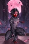  1girl black_bodysuit black_hair bodysuit brown_eyes building cindy_moon cityscape falling_petals full_moon highres looking_at_viewer marvel moon night outdoors petals red_mask red_moon short_hair silk_(marvel) skyscraper solo spider-man_(series) squatting yoon_junggeun 