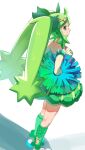  1girl absurdres byou_(vfyk8337) cheerleader closed_mouth commentary_request eyelashes from_side grass_miku_(project_voltage) green_eyes green_hair green_ribbon green_skirt green_socks hair_ornament hair_ribbon hands_on_own_hips hatsune_miku highres holding holding_pom_poms kneepits long_hair pokemon pom_pom_(cheerleading) project_voltage ribbon shirt shoes skirt smile socks solo standing twintails vocaloid white_background white_footwear x_hair_ornament yellow_shirt 
