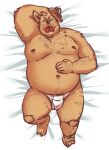  2023 amamiya anthro bed brown_body bulge canid canine canis domestic_dog furniture hi_res humanoid_hands kemono lying male mammal moobs navel nipples overweight overweight_male solo tongue tongue_out 