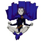  1girl absurdres belt black_leotard breasts cape closed_mouth colored_skin dc_comics forehead_jewel full_body gnsisir grey_skin highres indian_style leotard looking_at_viewer medium_breasts purple_eyes purple_hair raven_(dc) short_hair sitting solo teen_titans white_background 