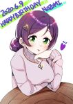  1girl absurdres blush character_name eyelashes green_eyes hair_between_eyes hair_ornament happy_birthday heart heart_hair_ornament heart_necklace highres jewelry long_sleeves love_live! necklace open_mouth patchin pink_sweater purple_hair short_hair solo sweater toujou_nozomi upper_body 