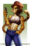  abs anthro bronx23 cellphone cheetah clothing cowboy_hat felid feline female hat headgear headwear hi_res kiriyan mammal muscular muscular_female phone solo trinity_barnett 