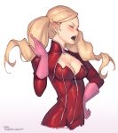  blonde_hair blush bodysuit breasts cleavage closed_eyes cropped_legs earrings floating_hair gloves hand_on_own_hip jewelry long_hair medium_breasts open_mouth persona persona_5 phrecklesart pink_gloves red_bodysuit signature simple_background takamaki_anne twintails white_background 