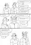 2023 5_fingers anthro bernielover bernielover&#039;s_college_au bovid caprine clothing deer dialogue digital_media_(artwork) duo ear_twitch english_text fingers fur hi_res hoodie horn male mammal monochrome question_mark smile speech_bubble spots spotted_body spotted_fur text topwear whitney_(bernielover) 