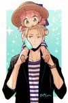  1boy 1girl :o alternate_costume anya_(spy_x_family) artist_name black_shirt blonde_hair blush bottle closed_mouth collarbone father_and_daughter frown hands_up hat holding holding_bottle katagiri_atsuko low_twintails medium_hair pink_hair shirt short_hair spy_x_family striped striped_shirt sun_hat sweatdrop teeth twilight_(spy_x_family) twintails upper_body upper_teeth_only watch wristwatch 