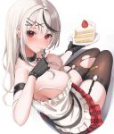  1girl ara1e arm_strap bare_shoulders belt black_choker black_gloves breasts brown_thighhighs cake cake_slice camisole caution_tape choker cleavage ear_piercing fingerless_gloves food fork frilled_shirt frills garter_straps gloves hair_ornament hairclip highres holding holding_fork hololive large_breasts long_hair looking_at_viewer miniskirt multicolored_hair piercing plaid plaid_skirt plate pleated_skirt red_skirt sakamata_chloe sakamata_chloe_(1st_costume) shirt sitting skirt sleeveless sleeveless_shirt solo spaghetti_strap strap_slip streaked_hair thighhighs thighs torn_clothes torn_thighhighs virtual_youtuber white_hair white_shirt x_hair_ornament zettai_ryouiki 