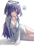  1girl absurdres black_halo blue_archive blue_necktie blush breasts cleavage closed_mouth halo highres hishiki_(pixi14719710) large_breasts legs long_hair long_sleeves looking_at_viewer necktie parted_bangs partially_unbuttoned purple_eyes purple_hair shadow shirt simple_background sitting solo thighs white_background white_shirt yuuka_(blue_archive) 