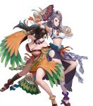  2girls armpits bare_shoulders breasts brown_hair cleavage closed_mouth detached_sleeves ekao feathers fire_emblem fire_emblem_fates fire_emblem_heroes geta hair_over_one_eye hand_fan hand_up highres holding japanese_clothes jewelry kagero_(fire_emblem) kimono large_breasts legs long_hair midriff multiple_girls navel necklace non-web_source obi official_art orochi_(fire_emblem) ponytail purple_eyes purple_hair red_eyes sandals sash short_kimono side_slit skirt smile stomach toeless_footwear toenails toes transparent_background wide_sleeves 