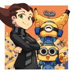  banana black_scarf brown_hair cosplay crossed_arms food fruit green_eyes looking_at_viewer mateus_upd minion_(despicable_me) minion_(despicable_me)_(cosplay) overalls robot scarf servbot_(mega_man) tron_bonne_(mega_man) 