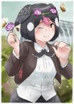  1girl absurdres bee bird_girl bird_wings black_hair black_skirt blush brown_eyes brown_jacket bug collared_shirt commentary_request cowboy_shot flower greater_honeyguide_(kemono_friends) hair_between_eyes hair_flower hair_ornament head_wings head_wreath highres jacket kemono_friends long_sleeves multicolored_hair one_eye_closed open_clothes open_jacket pink_hair pleated_skirt shirt short_hair skirt solo toriny white_hair white_shirt wings 