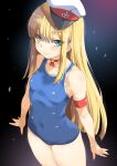  1girl armband armpit_peek blonde_hair blue_eyes blue_one-piece_swimsuit blush bracelet breasts choker cowboy_shot fate/grand_order fate_(series) fingernails hat highres inoue_sora jewelry long_hair looking_at_viewer lord_el-melloi_ii_case_files mini_hat one-piece_swimsuit peaked_cap reines_el-melloi_archisorte revision sidelocks small_breasts smile solo swimsuit twitter_username 