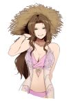  1girl absurdres aerith_gainsborough bikini bracelet breasts brown_hair cleavage final_fantasy final_fantasy_vii final_fantasy_vii_ever_crisis green_eyes hat highres igusaharu jewelry navel official_alternate_costume pink_bikini simple_background smile solo stomach straw_hat swimsuit upper_body 