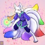  anthro asian_clothing barefoot black_nose brown_eyes canid canine clothed clothing dipstick_tail east_asian_clothing feet fox foxenawolf fur japanese_clothing katsumi_riverwillow kimono magic male mammal markings solo tail tail_markings white_body white_fur 