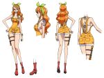  1girl boots bow brown_footwear concept_art earrings green_bow hair_ribbon hand_on_own_hip high_heel_boots high_heels highres jewelry log_pose multiple_views nami_(one_piece) official_alternate_costume official_art one_piece one_piece:_stampede orange_hair orange_overalls overall_shorts overalls reference_sheet ribbon shoulder_tattoo simple_background tattoo white_background 