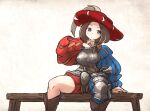  1girl armor bench blue_eyes boobplate boots breastplate brown_footwear brown_hair codpiece hat ironlily landsknecht landsknecht_(ironlily) long_sleeves original puffy_long_sleeves puffy_sleeves sitting solo wooden_bench 