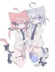  2girls absurdres ahoge animal_ears black_bow black_footwear black_necktie black_panties blue_eyes blue_thighhighs bow cat_ears cat_girl cat_tail closed_mouth collared_shirt cuts daizu_(melon-lemon) detached_ahoge dress_shirt full_body grey_hair hair_between_eyes hair_ornament hairclip heart heart_ahoge heart_in_eye highres holding holding_instrument holding_staff injury instrument kneehighs kneeling layered_panties long_sleeves looking_at_viewer medium_hair multiple_girls navel necktie open_clothes open_shirt original panties panty_pull parted_lips pink_hair purple_eyes recorder self_harm shirt shoes socks staff star_(symbol) star_hair_ornament star_in_eye sweat symbol_in_eye tail tail_bow tail_ornament thighhighs underwear variant_set white_background white_panties white_shirt white_socks 