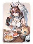 1girl arknights bare_shoulders black_gloves blue_eyes bowl breasts brown_hair cat closed_mouth fake_horns felyne fish_(food) food gloves highres holding holding_food horns kirin_(armor) kirin_r_yato_(arknights) large_breasts long_hair midriff monster_hunter_(series) multicolored_hair nigirizushi open_mouth plate pointy_ears smile sushi table tanagawa_makoto yato_(arknights) 
