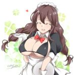  1girl alternate_costume apron artist_name bikini bikini_top_only black_bikini bow bowtie braid brown_hair closed_eyes clover_background dated enmaided frilled_apron frills gakky highres kantai_collection long_hair maid maid_bikini maid_headdress noshiro_(kancolle) one-hour_drawing_challenge puffy_sleeves red_bow red_bowtie short_sleeves shrug_(clothing) solo swept_bangs swimsuit tray twin_braids unconventional_maid waist_apron white_apron white_background 