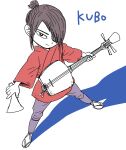  2017 black_hair commentary english_text eyepatch hair_over_one_eye holding holding_instrument instrument kubo_(kubo_and_the_two_strings) kubo_and_the_two_strings kumagai_haito looking_at_viewer red_robe robe sandals shadow shamisen smile solo solo_focus white_background 
