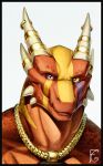  2023 anthro black_border border bust_portrait facial_spikes felangrey flesh_fang furgonomics furry-specific_piercing gold_(metal) gold_jewelry gold_necklace heterochromia hi_res horn horn_jewelry horn_piercing horn_ring jewelry kobold looking_at_viewer male markings necklace piercing pink_eyes pipvarok_(komodough) portrait purple_body purple_scales red_body red_scales ring_(jewelry) scale_markings scales scalie signature simple_background smile solo spikes spikes_(anatomy) white_background yellow_body yellow_eyes yellow_scales 