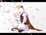  1boy animal_ears arm_up birthday cape cat_ears closed_eyes confetti crossed_legs crown dated facing_viewer green_vest grin luo_xiaohei luo_xiaohei_zhanji male_focus nploser pants red_cape shirt short_sleeves sitting smile solo vest white_hair white_pants white_shirt 