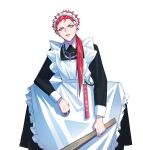  1boy absurdres alternate_costume apron chain_necklace ear_piercing enmaided fishfall harai_kuko highres holding holding_weapon hypnosis_mic jewelry long_hair long_sleeves maid maid_apron maid_headdress messy_hair necklace open_mouth piercing ponytail red_hair ring short_hair simple_background squatting weapon white_background yellow_eyes 