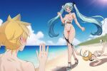  1boy 2girls :d ^^^ aqua_eyes aqua_hair aqua_nails aruman bare_shoulders beach bikini bikini_pull black_bikini blonde_hair blue_sky blush breasts censored clothes_pull cloud collarbone commentary crossed_legs falling female_pubic_hair from_behind front-tie_bikini_top front-tie_top hair_ribbon hairband hand_up hatsune_miku heart heart_censor high_heels horizon kagamine_len kagamine_rin large_breasts long_hair looking_at_another looking_down multiple_girls navel nipples ocean paid_reward_available platform_footwear pubic_hair pussy ribbon short_hair shorts sky smile sweat swimsuit thighhighs topless tripping twintails variant_set very_long_hair vocaloid wardrobe_malfunction watson_cross waving white_hairband white_shorts 