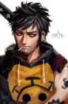  1boy artist_name beard black_hair blurry cigarette commentary_request depth_of_field facial_hair goatee greenteaa jacket male_focus mature_male mouth_hold one_piece short_hair solo spiked_hair sword tassel tattoo trafalgar_law upper_body weapon 