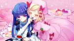  2girls bed black_dress black_gloves blonde_hair blue_bow blue_bowtie blue_hair blunt_bangs blush bow bowtie cake cake_slice candy cat_tail closed_mouth cowboy_shot cup dress elbow_gloves expressionless food frederica_bernkastel gloves hair_between_eyes highres holding holding_cup indoors jewelry lambdadelta lolita_fashion long_hair long_sleeves looking_at_another looking_at_viewer multiple_girls natsumi_kei necklace official_art open_mouth pillow pink_dress pink_headwear plate purple_eyes red_bow scone second-party_source short_hair sitting tail teapot umineko_no_naku_koro_ni wide_sleeves witch yellow_eyes yuri 