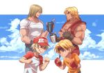  4boys baseball_cap biceps boxing_gloves brown_eyes coffee_cup crossover cup disposable_cup dougi fatal_fury father_and_son fighting_stance fingerless_gloves garou:_mark_of_the_wolves gloves hat headband ken_masters long_hair look-alike mel_masters multiple_boys muscular pout red_eyes rock_howard shichii_jurio shirt sky street_fighter t-shirt terry_bogard the_king_of_fighters trait_connection 