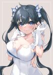  1girl backless_dress backless_outfit black_hair blue_eyes blue_ribbon blush breasts cleavage closed_mouth collarbone commentary dress dungeon_ni_deai_wo_motomeru_no_wa_machigatteiru_darou_ka gloves grey_background hair_between_eyes hair_ribbon hands_up hestia_(danmachi) highres large_breasts long_hair looking_at_viewer no_bra ribbon simple_background skindentation smile solo twintails upper_body upturned_eyes very_long_hair wa_ki_ya_ku white_dress white_gloves white_ribbon 