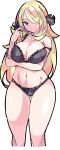  1girl absurdres alternate_costume arm_under_breasts ass_visible_through_thighs bikini black_bikini blonde_hair breasts cynthia_(pokemon) enpe hair_ornament hair_over_one_eye hair_twirling highres large_breasts long_hair looking_at_viewer nail_polish navel pink_nails pokemon pokemon_(game) pokemon_dppt smile solo swimsuit thighs 