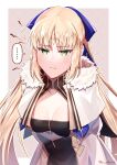  ... 1girl absurdres ahoge arms_behind_back artoria_caster_(fate) artoria_caster_(third_ascension)_(fate) artoria_pendragon_(fate) black_dress blonde_hair blue_bow bow breasts capelet cleavage closed_mouth commentary_request dress facial_mark fate/grand_order fate_(series) forehead_mark fur-trimmed_capelet fur_trim gold_trim green_eyes hair_bow highres long_hair looking_at_viewer medium_breasts parted_bangs pout solo twitter_username two-tone_dress very_long_hair white_capelet white_dress yamano_udumi 