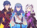  blue_eyes blue_hair cape chrom_(fire_emblem) chrom_(resplendent)_(fire_emblem) coat family father_and_daughter fire_emblem fire_emblem_awakening glowing gorgonz0laaa grey_hair highres looking_at_viewer lucina_(fire_emblem) lucina_(resplendent)_(fire_emblem) mother_and_daughter official_alternate_costume robin_(female)_(fire_emblem) robin_(female)_(resplendent)_(fire_emblem) robin_(fire_emblem) standing strap sword tiara weapon 