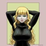  absurdres arms_behind_back arms_up black_clover black_sweater breasts green_eyes highres large_breasts looking_at_viewer mimosa_vermillion non-web_source orange_hair puckered_lips sweater 