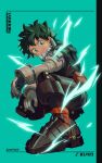  1boy armored_boots artist_name belt boku_no_hero_academia boots character_name closed_mouth freckles full_body gloves green_eyes green_hair green_jumpsuit highres jumpsuit knee_pads looking_at_viewer male_focus midoriya_izuku red_belt short_hair solo spiked_hair squatting superhero utility_belt yeol2510 