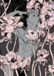  1boy almostghost black_eyes black_hair completely_nude flower grey_background hands_on_own_head highres hunter_x_hunter illumi_zoldyck long_hair looking_at_viewer male_focus nude profile simple_background solo 