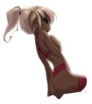  2022 asura blonde_hair brown_body brown_skin butt clothing colored_sketch covering covering_self female green_eyes guild_wars hair hand_on_chest hi_res humanoid ivory-raven licheart lingerie looking_at_viewer looking_back looking_back_at_viewer ponytail red_straps side_view sketch solo straps yenna 