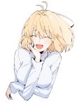  1girl :d ^_^ ahoge arcueid_brunestud arm_up artist_name blonde_hair blush breasts citron80citron closed_eyes crossed_arms facing_viewer hair_between_eyes hair_intakes head_rest highres large_breasts long_sleeves open_mouth short_hair signature simple_background smile solo sweater tsukihime turtleneck turtleneck_sweater upper_body white_background white_sweater 