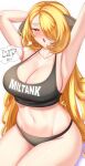  1girl :o anisdrawn arm_behind_head armpits arms_up black_panties black_sports_bra blonde_hair blush breasts cleavage collarbone curvy cynthia_(pokemon) hair_ornament hair_over_one_eye highres large_breasts long_hair navel open_mouth panties pokemon pokemon_(game) pokemon_dppt simple_background sitting solo sports_bra stomach strap_gap thighs thought_bubble underwear very_long_hair waking_up white_background 