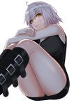  1girl absurdres ahoge alternate_costume blonde_hair boots breasts eyebrows_hidden_by_hair fate/grand_order fate_(series) highres jeanne_d&#039;arc_alter_(avenger)_(fate) jeanne_d&#039;arc_alter_(fate) jeanne_d&#039;arc_alter_(ver._shinjuku_1999)_(fate) jewelry knee_boots knees_up large_breasts looking_at_viewer necklace official_alternate_costume simple_background sitting sleeveless smile solo thighs tomotomow00w white_background yellow_eyes 