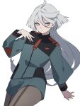  1girl ahoge akahito_(akaironotanin) asticassia_school_uniform closed_mouth front-seamed_legwear green_jacket green_shorts grey_eyes grey_hair gundam gundam_suisei_no_majo hair_between_eyes highres jacket long_hair long_sleeves looking_to_the_side miorine_rembran pantyhose_under_shorts school_uniform seamed_legwear shorts shoulder_boards simple_background solo swept_bangs white_background wide_sleeves 