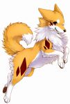  canid canine canis dipstick_tail domestic_dog female feral fluffy fox fur hybrid jumping kitsuneinu mammal markings orange_body orange_fur pawpads paws red_eyes simple_background smile solo tail tail_markings tsukune_minaga tuft white_background white_body white_fur 