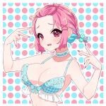  1girl absurdres alternate_hairstyle bare_shoulders bikini blue_bikini braid breasts choker collarbone forehead frilled_bikini frilled_choker frills hair_bobbles hair_ornament hairclip hands_up highres idolmaster idolmaster_cinderella_girls large_breasts looking_at_viewer multicolored_hair nail_polish pink_eyes pink_hair pink_nails polka_dot polka_dot_background raised_eyebrows saito_katuo solo swimsuit two-tone_hair upper_body yumemi_riamu 