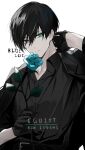  1boy belt black_belt black_gloves black_hair black_jacket black_shirt blue_eyes blue_flower blue_lock blue_rose character_name closed_mouth collared_shirt copyright_name flower gloves hand_up holding holding_flower itoshi_rin jacket jacket_on_shoulders looking_away male_focus rose shirt short_hair simple_background solo torichiribs typo upper_body white_background 