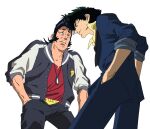  2boys anger_vein angry belt black_hair clenched_teeth cowboy_bebop creator_connection crossover dandy_(space_dandy) hands_in_pockets jacket jinou_rakugaki letterman_jacket long_sideburns male_focus multiple_boys pompadour scar sideburns simple_background space_dandy spike_spiegel teeth white_background 