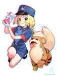  1girl belt belt_buckle black_belt black_footwear blonde_hair blue_headwear blue_shirt blue_skirt buckle collared_shirt commentary_request cosplay eyelashes gloves green_eyes growlithe hat highres holding jenny_(pokemon) jenny_(pokemon)_(cosplay) kinocopro lillie_(pokemon) long_hair pokemon pokemon_(anime) pokemon_(creature) pokemon_sm_(anime) potion_(pokemon) shirt shoes short_sleeves skirt smile twitter_username watermark white_background white_gloves 