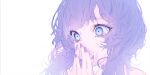  1girl absurdres bare_shoulders blue_eyes covering_mouth highres original parted_lips portrait purple_hair purple_nails rakugaki_suruhito short_hair simple_background solo surprised white_background 