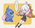  1girl 1other ahoge belt black_belt blue_fur briar_(league_of_legends) chibi colored_sclera colored_skin creature crossover fingernails grey_eyes grey_hair hair_between_eyes league_of_legends lilo_&amp;_stitch long_hair looking_at_another multicolored_hair nail_polish open_mouth pink_hair pink_sclera pointing sharp_fingernails sharp_teeth sharp_toenails sidelocks simple_background sio_proof sitting speech_bubble stitch_(lilo_&amp;_stitch) streaked_hair teeth toeless_legwear toenails toes two-tone_hair vampire white_nails wrist_cuffs 
